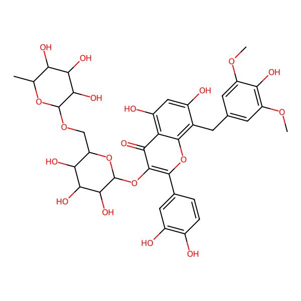 2D Structure of 2-(3,4-Dihydroxyphenyl)-5,7-dihydroxy-8-[(4-hydroxy-3,5-dimethoxyphenyl)methyl]-3-[3,4,5-trihydroxy-6-[(3,4,5-trihydroxy-6-methyloxan-2-yl)oxymethyl]oxan-2-yl]oxychromen-4-one