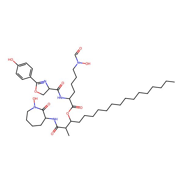 2D Structure of [1-[(1-Hydroxy-2-oxoazepan-3-yl)amino]-2-methyl-1-oxooctadecan-3-yl] 6-[formyl(hydroxy)amino]-2-[[2-(4-hydroxyphenyl)-4,5-dihydro-1,3-oxazole-4-carbonyl]amino]hexanoate