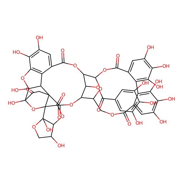 2D Structure of (3,6a,11',12',13',16',17',18',29',30',34',35'-dodecahydroxy-2',5,8',21',26',39'-hexaoxospiro[3,3a-dihydro-2H-furo[3,2-b]furan-6,37'-3,7,22,25,36,40,42-heptaoxanonacyclo[33.2.2.14,24.15,23.131,34.01,33.09,14.015,20.027,32]dotetraconta-9,11,13,15,17,19,27,29,31-nonaene]-41'-yl) 3,4,5-trihydroxybenzoate