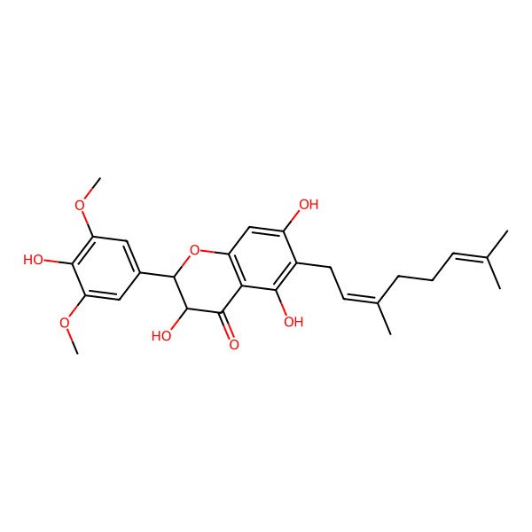 2D Structure of (2R,3R)-6-[(2E)-3,7-dimethylocta-2,6-dienyl]-3,5,7-trihydroxy-2-(4-hydroxy-3,5-dimethoxyphenyl)-2,3-dihydrochromen-4-one