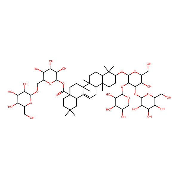 2D Structure of [(2S,3R,4S,5S,6R)-3,4,5-trihydroxy-6-[[(2S,3R,4S,5S,6R)-3,4,5-trihydroxy-6-(hydroxymethyl)oxan-2-yl]oxymethyl]oxan-2-yl] (4aS,6aR,6aS,6bR,8aR,10S,12aR,14bS)-10-[(2R,3R,4S,5S,6R)-5-hydroxy-6-(hydroxymethyl)-4-[(2S,3R,4S,5S,6R)-3,4,5-trihydroxy-6-(hydroxymethyl)oxan-2-yl]oxy-3-[(2S,3R,4S,5R)-3,4,5-trihydroxyoxan-2-yl]oxyoxan-2-yl]oxy-2,2,6a,6b,9,9,12a-heptamethyl-1,3,4,5,6,6a,7,8,8a,10,11,12,13,14b-tetradecahydropicene-4a-carboxylate