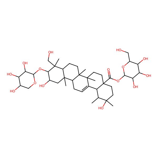 2D Structure of [(2S,3R,4S,5S,6R)-3,4,5-trihydroxy-6-(hydroxymethyl)oxan-2-yl] (1R,2S,4aR,6aR,6aS,6bR,8aR,9R,10R,11R,12aR,14bS)-2,11-dihydroxy-9-(hydroxymethyl)-1,2,6a,6b,9,12a-hexamethyl-10-[(2S,3R,4S,5S)-3,4,5-trihydroxyoxan-2-yl]oxy-1,3,4,5,6,6a,7,8,8a,10,11,12,13,14b-tetradecahydropicene-4a-carboxylate