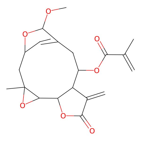 2D Structure of [(1S,3R,5R,6S,10R,11S,14R)-14-methoxy-3-methyl-9-methylidene-8-oxo-4,7,15-trioxatetracyclo[11.2.1.03,5.06,10]hexadec-13(16)-en-11-yl] 2-methylprop-2-enoate