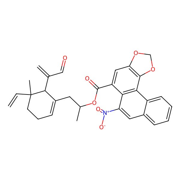 2D Structure of [(2S)-1-[(5R,6S)-5-ethenyl-5-methyl-6-(3-oxoprop-1-en-2-yl)cyclohexen-1-yl]propan-2-yl] 6-nitronaphtho[2,1-g][1,3]benzodioxole-5-carboxylate