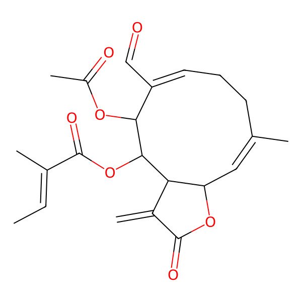 2D Structure of (5-Acetyloxy-6-formyl-10-methyl-3-methylidene-2-oxo-3a,4,5,8,9,11a-hexahydrocyclodeca[b]furan-4-yl) 2-methylbut-2-enoate