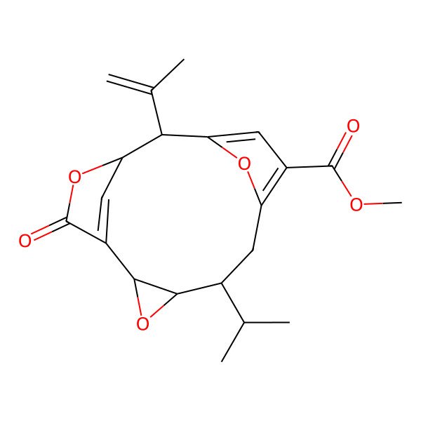 2D Structure of methyl (2S,4R,5R,11R,12R)-14-oxo-5-propan-2-yl-11-prop-1-en-2-yl-3,13,16-trioxatetracyclo[10.2.1.17,10.02,4]hexadeca-1(15),7,9-triene-8-carboxylate