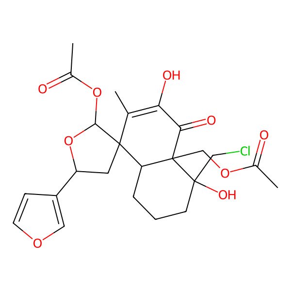 2D Structure of [2'-Acetyloxy-4-(chloromethyl)-5'-(furan-3-yl)-4,6-dihydroxy-7-methyl-5-oxospiro[1,2,3,8a-tetrahydronaphthalene-8,3'-oxolane]-4a-yl]methyl acetate