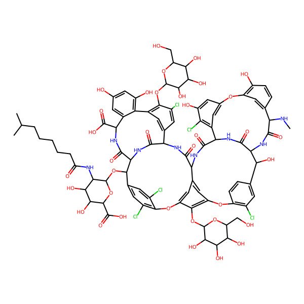 2D Structure of Ristomycin A aglycone, 5,22,31,45,55-pentachloro-7-demethyl-64-O-demethyl-34-O-(2-deoxy-2-((7-methyl-1-oxooctyl)amino)-alpha-D-glucopyranuronosyl)-44-O-beta-D-glucopyranosyl-56-O-beta-D-mannopyranosyl-N15-methyl-