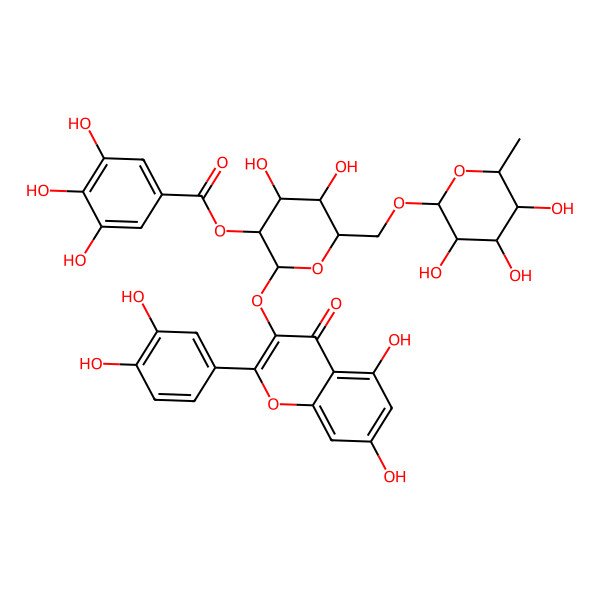 2D Structure of [(2S,3R,4S,5S,6R)-2-[2-(3,4-dihydroxyphenyl)-5,7-dihydroxy-4-oxochromen-3-yl]oxy-4,5-dihydroxy-6-[[(2R,3S,4R,5R,6S)-3,4,5-trihydroxy-6-methyloxan-2-yl]oxymethyl]oxan-3-yl] 3,4,5-trihydroxybenzoate