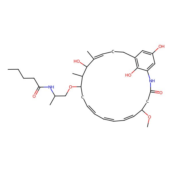 2D Structure of N-[(2R)-1-[[(5R,6Z,8E,10E,13S,14S,15R,16Z)-15,22,24-trihydroxy-5-methoxy-14,16-dimethyl-3-oxo-2-azabicyclo[18.3.1]tetracosa-1(23),6,8,10,16,20(24),21-heptaen-13-yl]oxy]propan-2-yl]pentanamide