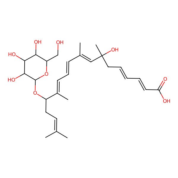 2D Structure of (2E,4E,7R,8E,10E,12E,14R)-7-hydroxy-7,9,13,17-tetramethyl-14-[(2R,3R,4S,5S,6R)-3,4,5-trihydroxy-6-(hydroxymethyl)oxan-2-yl]oxyoctadeca-2,4,8,10,12,16-hexaenoic acid