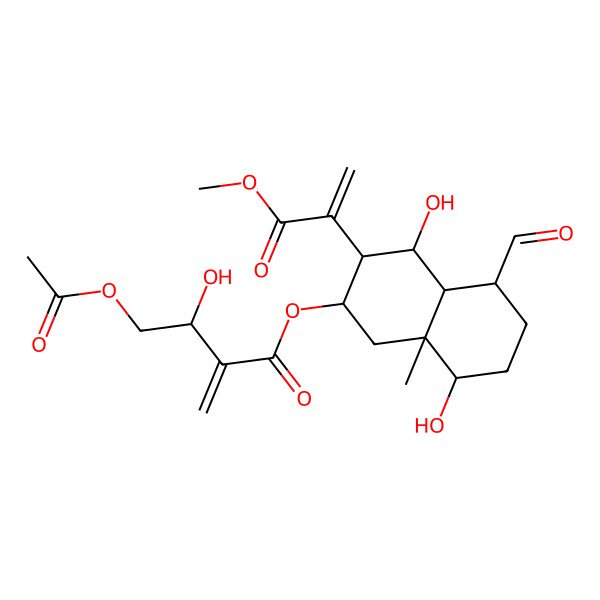 2D Structure of [5-formyl-4,8-dihydroxy-3-(3-methoxy-3-oxoprop-1-en-2-yl)-8a-methyl-2,3,4,4a,5,6,7,8-octahydro-1H-naphthalen-2-yl] 4-acetyloxy-3-hydroxy-2-methylidenebutanoate