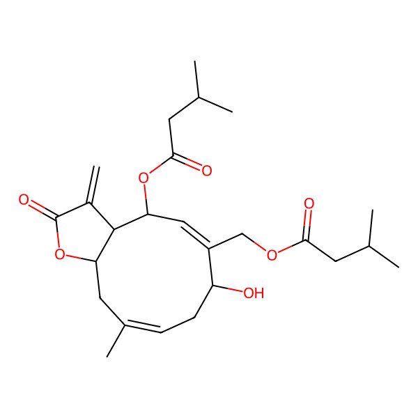 2D Structure of [(3aR,4R,5E,7R,9E,11aS)-7-hydroxy-10-methyl-4-(3-methylbutanoyloxy)-3-methylidene-2-oxo-3a,4,7,8,11,11a-hexahydrocyclodeca[b]furan-6-yl]methyl 3-methylbutanoate