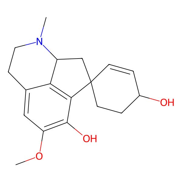 2D Structure of 10-Methoxy-5-methylspiro[5-azatricyclo[6.3.1.04,12]dodeca-1(12),8,10-triene-2,4'-cyclohex-2-ene]-1',11-diol