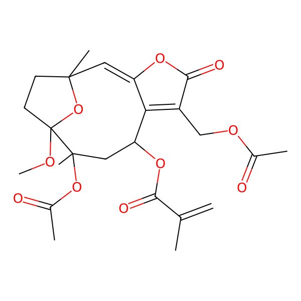 2D Structure of [(1S,2E,8S,10R,11S)-10-acetyloxy-6-(acetyloxymethyl)-11-methoxy-1,10-dimethyl-5-oxo-4,14-dioxatricyclo[9.2.1.03,7]tetradeca-2,6-dien-8-yl] 2-methylprop-2-enoate