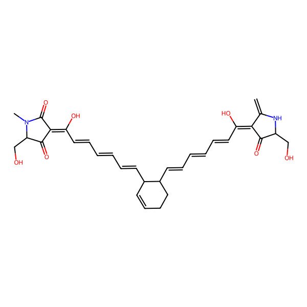 2D Structure of (3E,5S)-3-[(2E,4E,6E)-1-hydroxy-7-[(1S,6S)-6-[(1E,3E,5E,7Z)-7-hydroxy-7-[(5S)-5-(hydroxymethyl)-2-methylidene-4-oxopyrrolidin-3-ylidene]hepta-1,3,5-trienyl]cyclohex-2-en-1-yl]hepta-2,4,6-trienylidene]-5-(hydroxymethyl)-1-methylpyrrolidine-2,4-dione