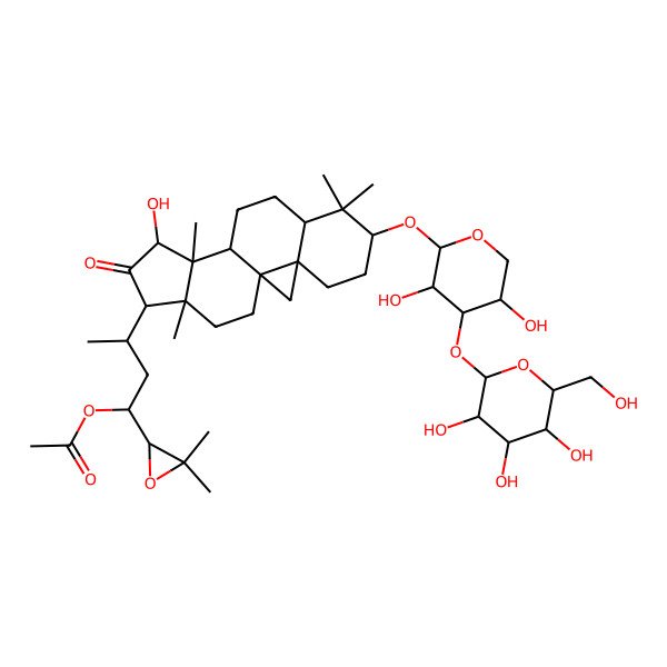 2D Structure of [(1R,3R)-3-[(1S,3R,6S,8R,11R,12S,13R,15R,16R)-6-[(2S,3R,4S,5R)-3,5-dihydroxy-4-[(2S,3R,4S,5S,6R)-3,4,5-trihydroxy-6-(hydroxymethyl)oxan-2-yl]oxyoxan-2-yl]oxy-13-hydroxy-7,7,12,16-tetramethyl-14-oxo-15-pentacyclo[9.7.0.01,3.03,8.012,16]octadecanyl]-1-[(2R)-3,3-dimethyloxiran-2-yl]butyl] acetate
