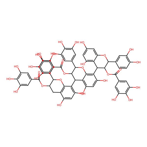 2D Structure of [(2R,3S)-2-(3,4-dihydroxyphenyl)-8-[(2R,3R,4S)-8-[(2R,3R,4R)-2-(3,4-dihydroxyphenyl)-5,7-dihydroxy-3-(3,4,5-trihydroxybenzoyl)oxy-3,4-dihydro-2H-chromen-4-yl]-5,7-dihydroxy-3-(3,4,5-trihydroxybenzoyl)oxy-2-(3,4,5-trihydroxyphenyl)-3,4-dihydro-2H-chromen-4-yl]-5,7-dihydroxy-3,4-dihydro-2H-chromen-3-yl] 3,4,5-trihydroxybenzoate