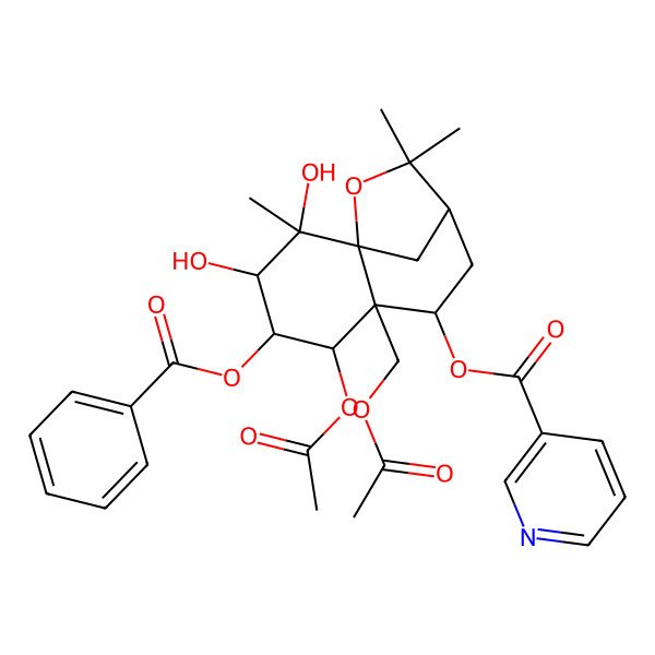 2D Structure of [(1R,2S,3S,4S,5R,6R,7R,9R)-5-acetyloxy-6-(acetyloxymethyl)-4-benzoyloxy-2,3-dihydroxy-2,10,10-trimethyl-11-oxatricyclo[7.2.1.01,6]dodecan-7-yl] pyridine-3-carboxylate