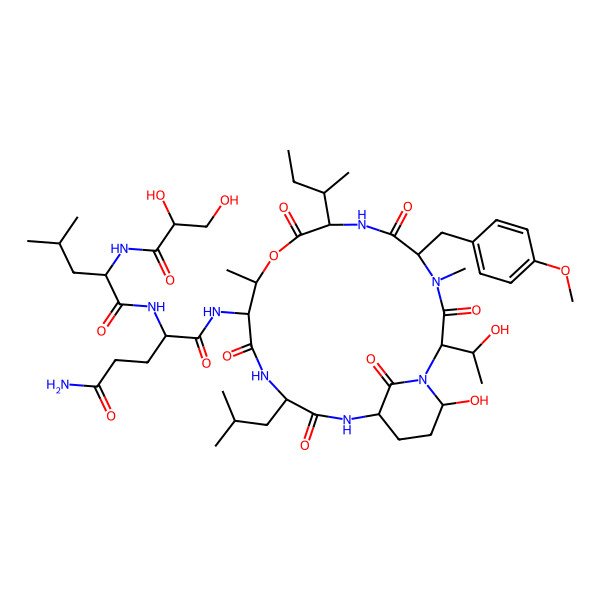 2D Structure of N-[8-butan-2-yl-21-hydroxy-2-(1-hydroxyethyl)-5-[(4-methoxyphenyl)methyl]-4,11-dimethyl-15-(2-methylpropyl)-3,6,9,13,16,22-hexaoxo-10-oxa-1,4,7,14,17-pentazabicyclo[16.3.1]docosan-12-yl]-2-[[2-(2,3-dihydroxypropanoylamino)-4-methylpentanoyl]amino]pentanediamide