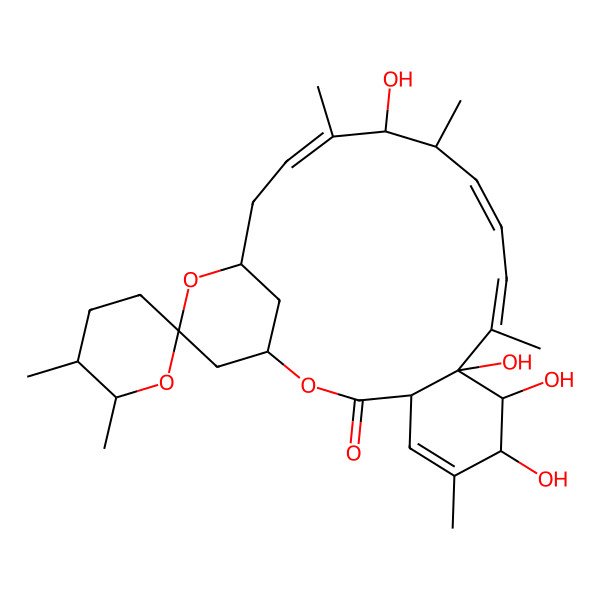 2D Structure of (1S,4R,5'S,6'R,7R,8R,9S,10E,12E,14S,15S,16E,19R,21R)-7,8,9,15-tetrahydroxy-5',6,6',10,14,16-hexamethylspiro[2,20-dioxatricyclo[17.3.1.04,9]tricosa-5,10,12,16-tetraene-21,2'-oxane]-3-one