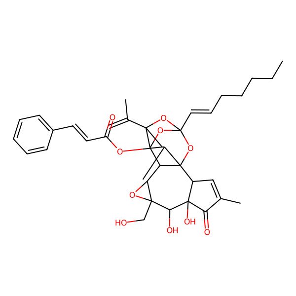2D Structure of [(1R,2R,6S,7S,8R,10S,11R,12R,14S,16S,17R,18R)-14-[(E)-hept-1-enyl]-6,7-dihydroxy-8-(hydroxymethyl)-4,18-dimethyl-5-oxo-16-prop-1-en-2-yl-9,13,15,19-tetraoxahexacyclo[12.4.1.01,11.02,6.08,10.012,16]nonadec-3-en-17-yl] (E)-3-phenylprop-2-enoate
