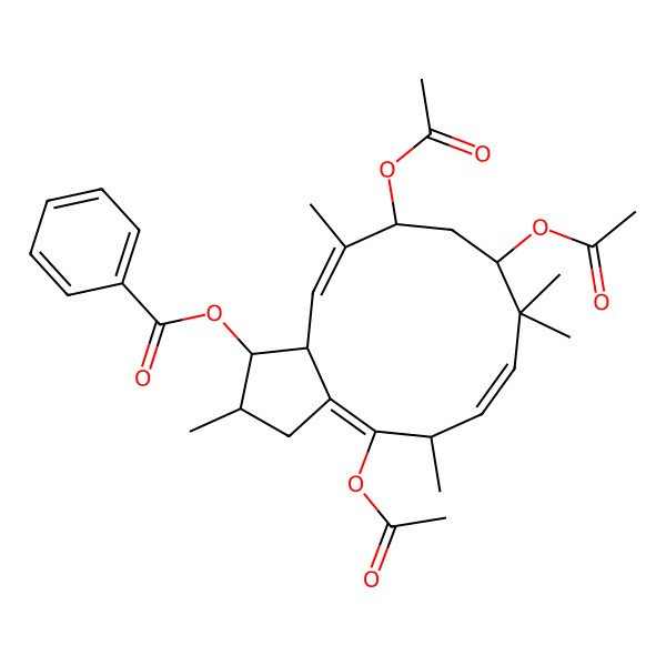 2D Structure of (4,9,11-Triacetyloxy-2,5,8,8,12-pentamethyl-1,2,3,5,9,10,11,13a-octahydrocyclopenta[12]annulen-1-yl) benzoate