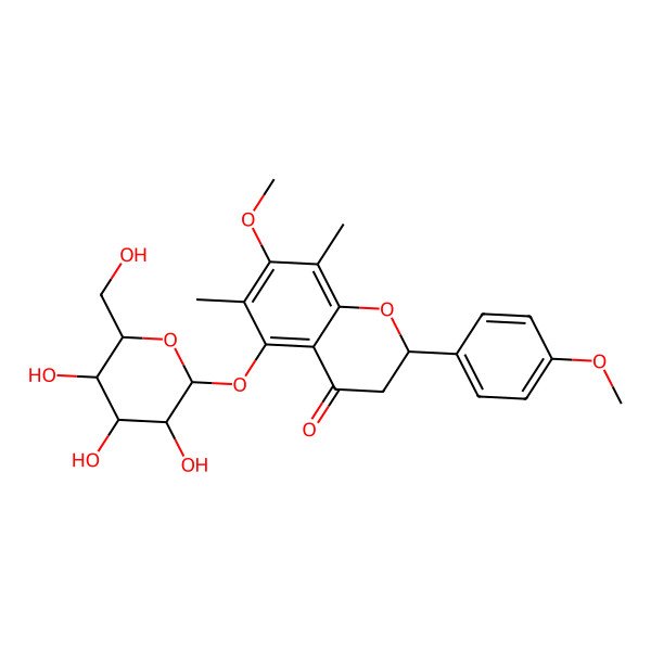 2D Structure of (2S)-7-methoxy-2-(4-methoxyphenyl)-6,8-dimethyl-5-[(2S,3R,4S,5R,6S)-3,4,5-trihydroxy-6-(hydroxymethyl)oxan-2-yl]oxy-2,3-dihydrochromen-4-one