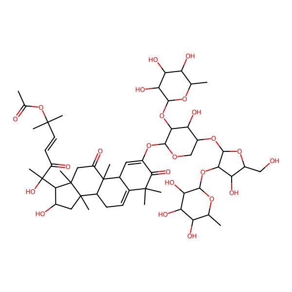 2D Structure of [(E,6R)-6-hydroxy-6-[(8S,9R,10R,13R,14S,16R,17R)-16-hydroxy-2-[(2S,3R,4S,5S)-4-hydroxy-5-[(2S,3R,4S,5S)-4-hydroxy-5-(hydroxymethyl)-3-[(2S,3R,4S,5S,6R)-3,4,5-trihydroxy-6-methyloxan-2-yl]oxyoxolan-2-yl]oxy-3-[(2S,3R,4S,5S,6R)-3,4,5-trihydroxy-6-methyloxan-2-yl]oxyoxan-2-yl]oxy-4,4,9,13,14-pentamethyl-3,11-dioxo-8,10,12,15,16,17-hexahydro-7H-cyclopenta[a]phenanthren-17-yl]-2-methyl-5-oxohept-3-en-2-yl] acetate