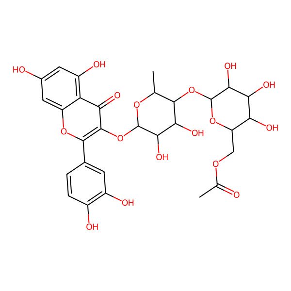 2D Structure of [(2R,3S,4S,5R,6S)-6-[(2R,3R,4S,5S,6R)-6-[2-(3,4-dihydroxyphenyl)-5,7-dihydroxy-4-oxochromen-3-yl]oxy-4,5-dihydroxy-2-methyloxan-3-yl]oxy-3,4,5-trihydroxyoxan-2-yl]methyl acetate