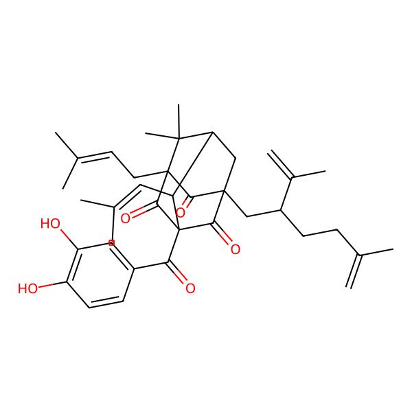 2D Structure of 1-(3,4-Dihydroxybenzoyl)-6,6-dimethyl-5-(3-methylbut-2-enyl)-8-(2-methylprop-1-enyl)-3-(5-methyl-2-prop-1-en-2-ylhex-5-enyl)adamantane-2,4,9-trione