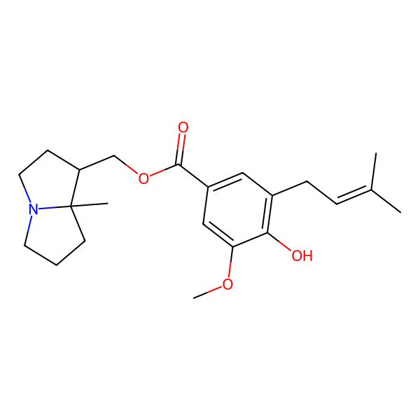 2D Structure of [(1S,8R)-8-methyl-1,2,3,5,6,7-hexahydropyrrolizin-1-yl]methyl 4-hydroxy-3-methoxy-5-(3-methylbut-2-enyl)benzoate
