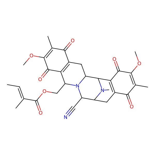 2D Structure of (12-Cyano-7,18-dimethoxy-6,17,21-trimethyl-5,8,16,19-tetraoxo-11,21-diazapentacyclo[11.7.1.02,11.04,9.015,20]henicosa-4(9),6,15(20),17-tetraen-10-yl)methyl 2-methylbut-2-enoate