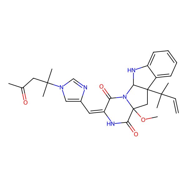 2D Structure of 7-Methoxy-9-(2-methylbut-3-en-2-yl)-4-[[1-(2-methyl-4-oxopentan-2-yl)imidazol-4-yl]methylidene]-2,5,16-triazatetracyclo[7.7.0.02,7.010,15]hexadeca-10,12,14-triene-3,6-dione
