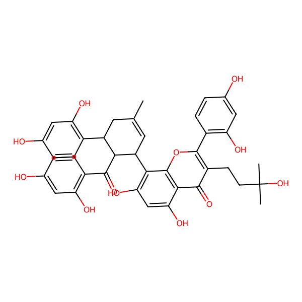 2D Structure of 8-[6-(2,4-Dihydroxybenzoyl)-5-(2,4-dihydroxyphenyl)-3-methylcyclohex-2-en-1-yl]-2-(2,4-dihydroxyphenyl)-5,7-dihydroxy-3-(3-hydroxy-3-methylbutyl)chromen-4-one