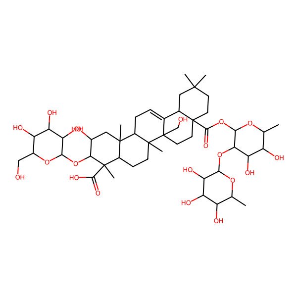 2D Structure of (2S,3R,4S,4aR,6aR,6bR,8aS,12aS,14aR,14bR)-8a-[(2S,3R,4S,5R,6R)-4,5-dihydroxy-6-methyl-3-[(2S,3R,4R,5R,6S)-3,4,5-trihydroxy-6-methyloxan-2-yl]oxyoxan-2-yl]oxycarbonyl-2-hydroxy-6b-(hydroxymethyl)-4,6a,11,11,14b-pentamethyl-3-[(2R,3R,4S,5S,6R)-3,4,5-trihydroxy-6-(hydroxymethyl)oxan-2-yl]oxy-1,2,3,4a,5,6,7,8,9,10,12,12a,14,14a-tetradecahydropicene-4-carboxylic acid