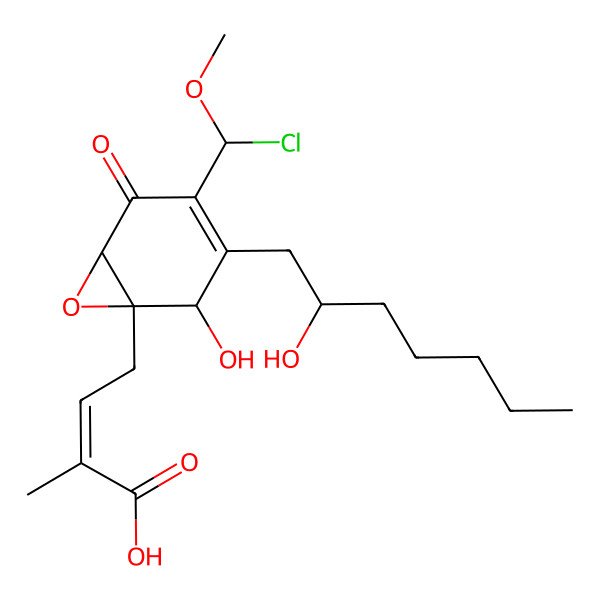 2D Structure of (E)-4-[(1S,2S,6S)-4-[chloro(methoxy)methyl]-2-hydroxy-3-(2-hydroxyheptyl)-5-oxo-7-oxabicyclo[4.1.0]hept-3-en-1-yl]-2-methylbut-2-enoic acid