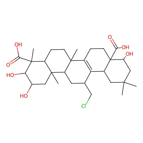 2D Structure of 13-(chloromethyl)-2,3,9-trihydroxy-4,6a,11,11,14b-pentamethyl-2,3,4a,5,6,7,8,9,10,12,12a,13,14,14a-tetradecahydro-1H-picene-4,8a-dicarboxylic acid