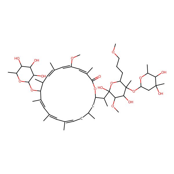2D Structure of 20-[1-[5-(4,5-Dihydroxy-4,6-dimethyloxan-2-yl)oxy-2,4-dihydroxy-3-methoxy-6-(3-methoxypropyl)-5-methyloxan-2-yl]ethyl]-5-methoxy-3,7,9,11,13,15,18-heptamethyl-10-(3,4,5-trihydroxy-6-methyloxan-2-yl)oxy-1-oxacycloicosa-3,5,7,11,13,15-hexaen-2-one