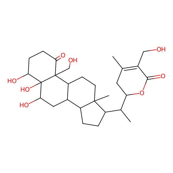 2D Structure of (2R)-5-(hydroxymethyl)-4-methyl-2-[(1S)-1-[(4S,5S,6R,8S,9S,10S,13S,14S,17R)-4,5,6-trihydroxy-10-(hydroxymethyl)-13-methyl-1-oxo-3,4,6,7,8,9,11,12,14,15,16,17-dodecahydro-2H-cyclopenta[a]phenanthren-17-yl]ethyl]-2,3-dihydropyran-6-one