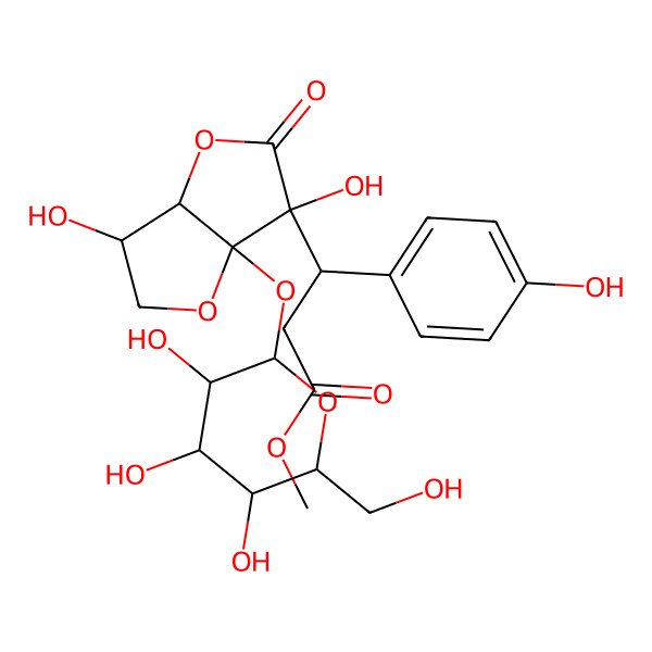 2D Structure of methyl (3R)-3-[(3S,3aR,6S,6aR)-3,6-dihydroxy-5-oxo-6a-[(2R,3R,4S,5S,6R)-3,4,5-trihydroxy-6-(hydroxymethyl)oxan-2-yl]oxy-3,3a-dihydro-2H-furo[3,2-b]furan-6-yl]-3-(4-hydroxyphenyl)propanoate