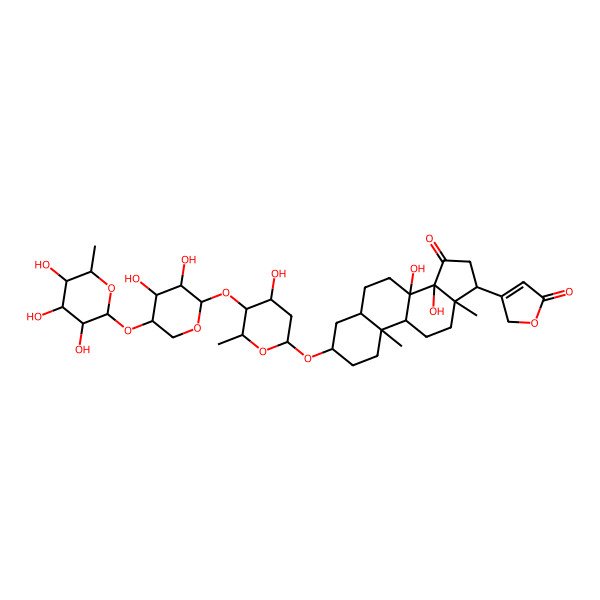 2D Structure of 3-[(3S,5S,8S,9R,10S,13R,14R,17R)-3-[(2R,4S,5S,6R)-5-[(2S,3R,4R,5R)-3,4-dihydroxy-5-[(2S,3R,4R,5R,6S)-3,4,5-trihydroxy-6-methyloxan-2-yl]oxyoxan-2-yl]oxy-4-hydroxy-6-methyloxan-2-yl]oxy-8,14-dihydroxy-10,13-dimethyl-15-oxo-1,2,3,4,5,6,7,9,11,12,16,17-dodecahydrocyclopenta[a]phenanthren-17-yl]-2H-furan-5-one