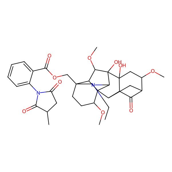 2D Structure of (11-Ethyl-8,9-dihydroxy-6,16,18-trimethoxy-4-oxo-11-azahexacyclo[7.7.2.12,5.01,10.03,8.013,17]nonadecan-13-yl)methyl 2-(3-methyl-2,5-dioxopyrrolidin-1-yl)benzoate