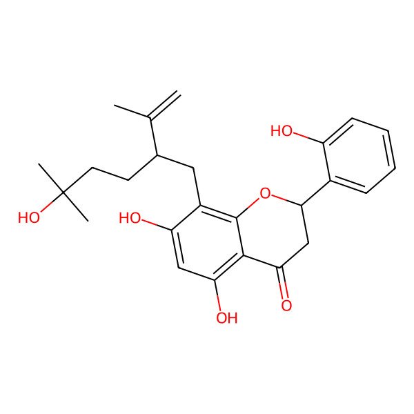 2D Structure of (2S)-5,7-dihydroxy-8-[(2S)-5-hydroxy-5-methyl-2-prop-1-en-2-ylhexyl]-2-(2-hydroxyphenyl)-2,3-dihydrochromen-4-one
