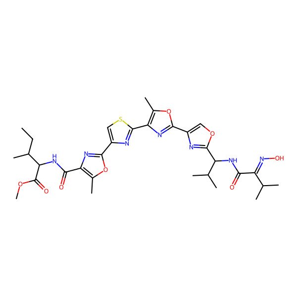2D Structure of Methyl 2-[[2-[2-[2-[2-[1-[(2-hydroxyimino-3-methylbutanoyl)amino]-2-methylpropyl]-1,3-oxazol-4-yl]-5-methyl-1,3-oxazol-4-yl]-1,3-thiazol-4-yl]-5-methyl-1,3-oxazole-4-carbonyl]amino]-3-methylpentanoate