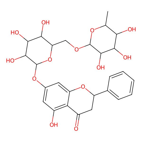 2D Structure of 4H-1-Benzopyran-4-one, 7-((6-O-(6-deoxy-alpha-L-mannopyranosyl)-beta-D-glucopyranosyl)oxy)-2,3-dihydro-5-hydroxy-2-phenyl-, (S)-