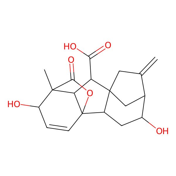 2D Structure of NCGC00380836-01_C19H22O6_(1R,2R,4S,5R,8R,9S,10R,11S,12S)-4,12-Dihydroxy-11-methyl-6-methylene-16-oxo-15-oxapentacyclo[9.3.2.1~5,8~.0~1,10~.0~2,8~]heptadec-13-ene-9-carboxylic acid
