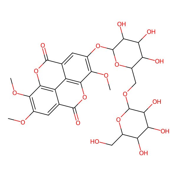 2D Structure of 6,7,14-trimethoxy-13-[(2S,3R,4S,5S,6R)-3,4,5-trihydroxy-6-[[(3R,4S,5S,6R)-3,4,5-trihydroxy-6-(hydroxymethyl)oxan-2-yl]oxymethyl]oxan-2-yl]oxy-2,9-dioxatetracyclo[6.6.2.04,16.011,15]hexadeca-1(15),4,6,8(16),11,13-hexaene-3,10-dione