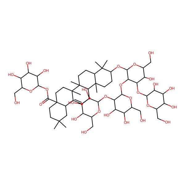 2D Structure of [3,4,5-Trihydroxy-6-(hydroxymethyl)oxan-2-yl] 10-[3-[4,5-dihydroxy-6-(hydroxymethyl)-3-[3,4,5-trihydroxy-6-(hydroxymethyl)oxan-2-yl]oxyoxan-2-yl]oxy-5-hydroxy-6-(hydroxymethyl)-4-[3,4,5-trihydroxy-6-(hydroxymethyl)oxan-2-yl]oxyoxan-2-yl]oxy-2,2,6a,6b,9,9,12a-heptamethyl-1,3,4,5,6,6a,7,8,8a,10,11,12,13,14b-tetradecahydropicene-4a-carboxylate