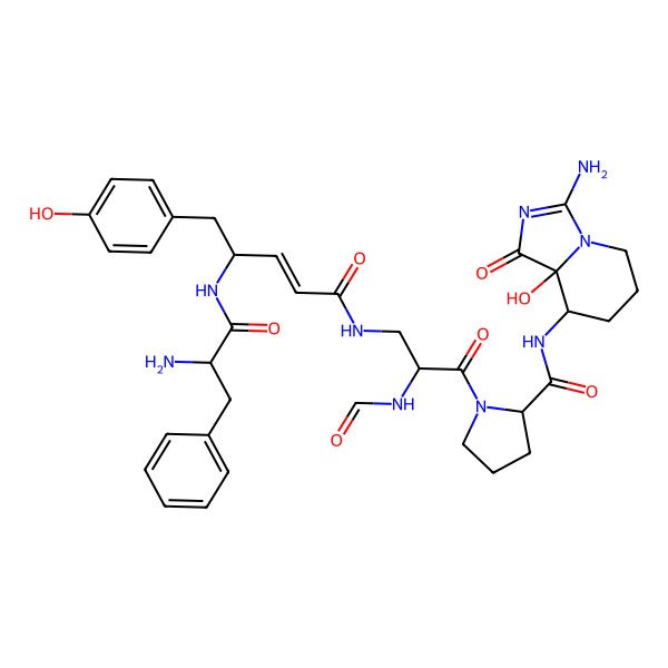 2D Structure of (2S)-N-[(8S,8aR)-3-amino-8a-hydroxy-1-oxo-5,6,7,8-tetrahydroimidazo[1,5-a]pyridin-8-yl]-1-[(2S)-3-[[(E,4S)-4-[[(2R)-2-amino-3-phenylpropanoyl]amino]-5-(4-hydroxyphenyl)pent-2-enoyl]amino]-2-formamidopropanoyl]pyrrolidine-2-carboxamide